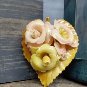 Vintage Celluloid Heart Flower Brooch